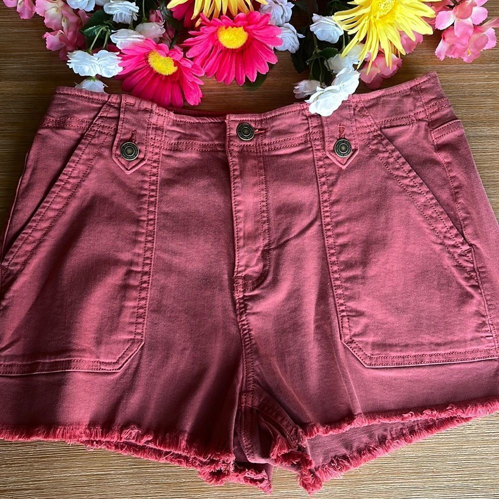 So Juniors’ Fray Hem Utility Shorts High Rise Size 13/31W Crimson Maple